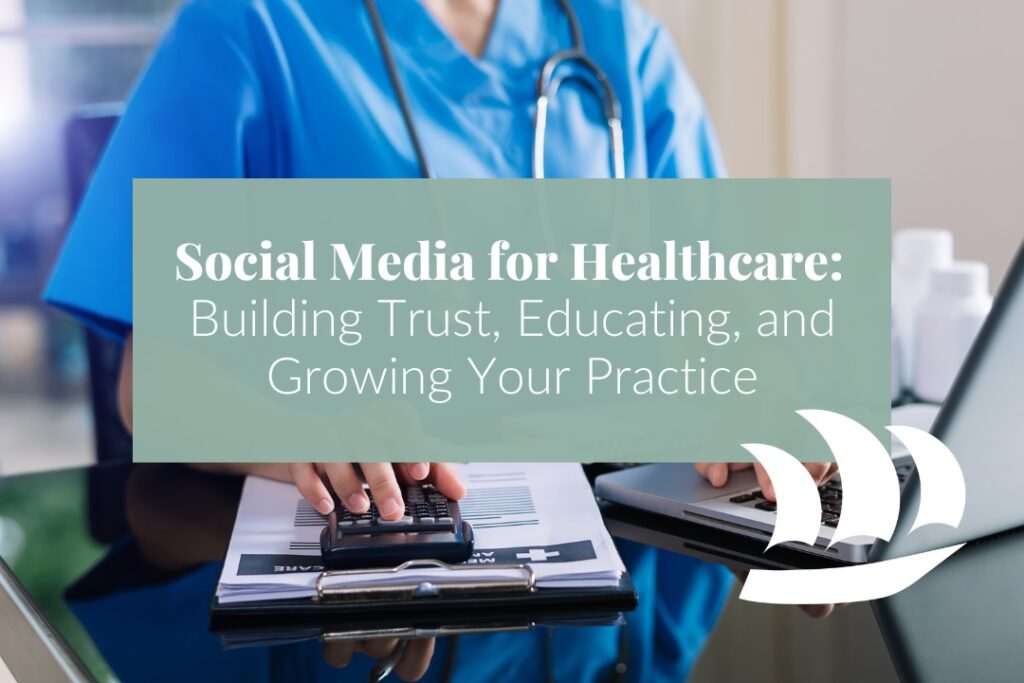 a healthcare uses a laptop with overlaid text that reads "Social Media for Healthcare"