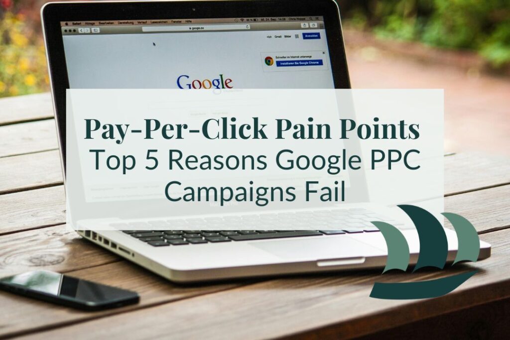a laptop on the Google homepage with overlaid text that reads "Common PPC Mistakes to Avoid"