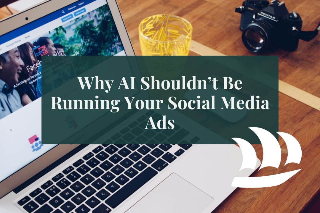 a laptop on the Facebook Ads home screen with overlaid text that says "Why AI Shouldn't Run Your Facebook Ads"