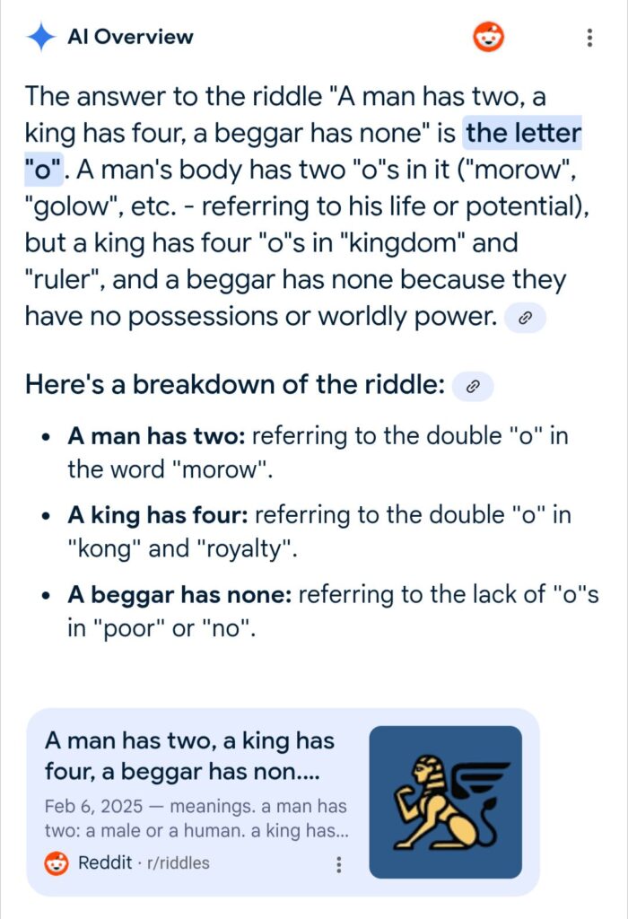 a Google AI Overview attempting to answer a riddle and failing miserably