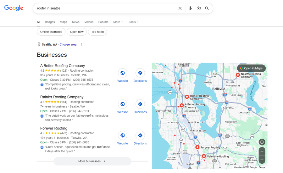 an example of the Local Pack in Google search results showing results for roofers in the Seattle area