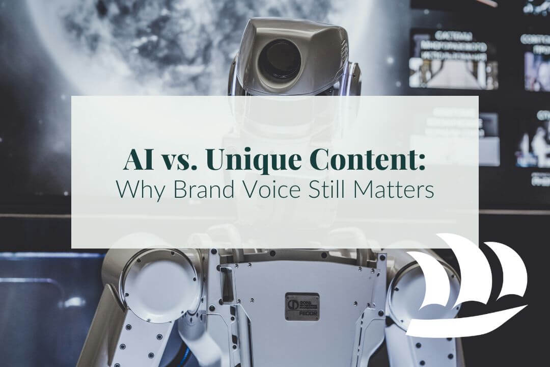 a robot in the background and a text overlay that reads "ai vs unique content: why brand voice still matters"