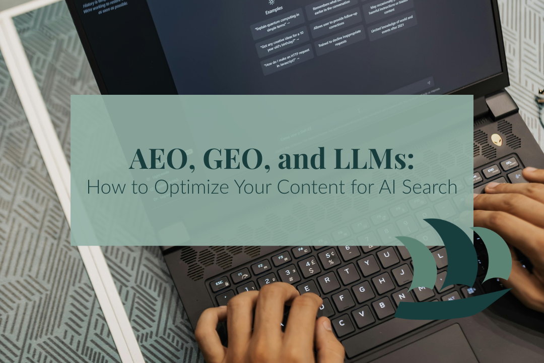 Hands typing on a laptop with AI chat examples, illustrating AEO and GEO optimization for content