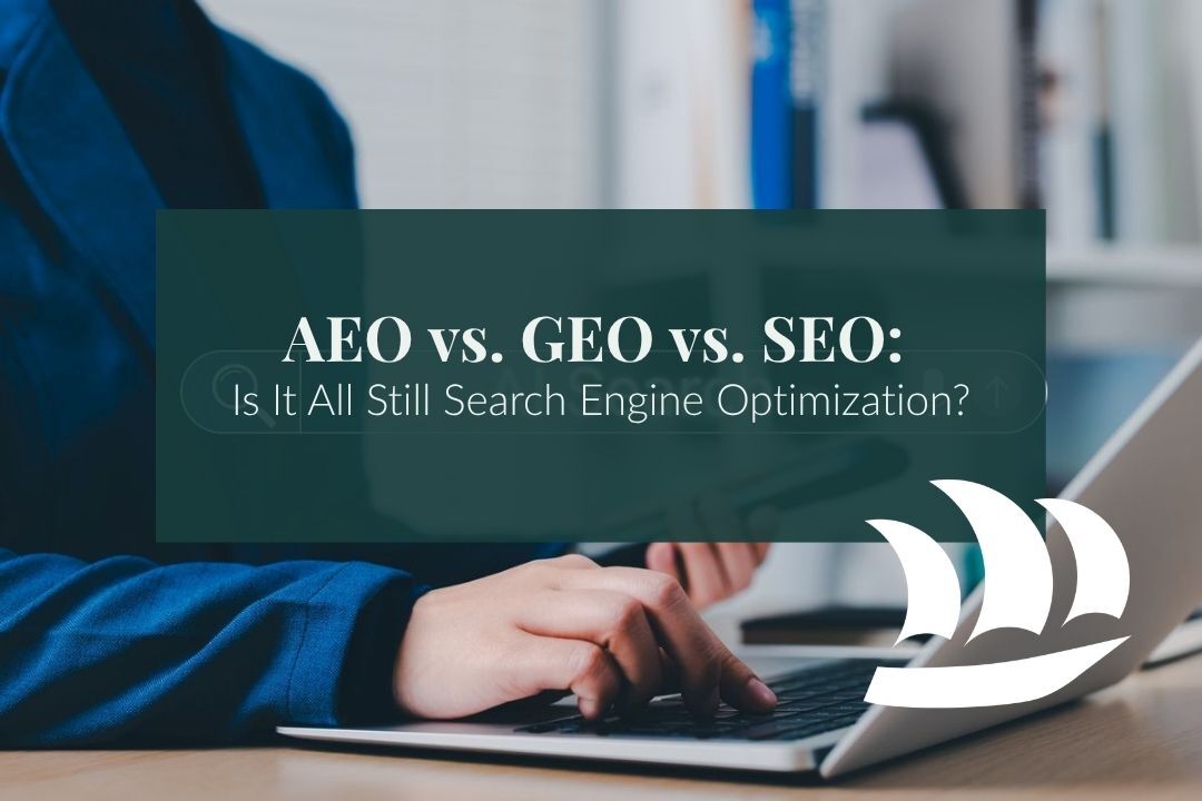 a person using AI search with overlaid text that reads "AEO vs. GEO vs. SEO"